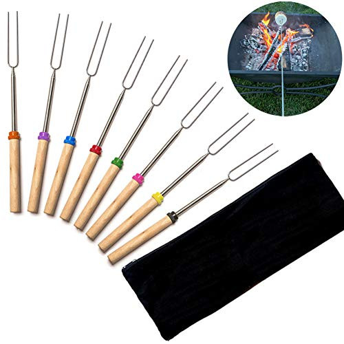 Sorlakar Marshmallow Roasting Sticks 8Pcs Smores Sticks with Wooden Handle Extendable Forks Telescoping Smores Kit for Fire Pit Campfire BBQ 32 Inch