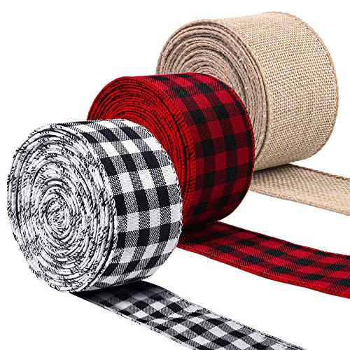 URATOT 3 Rolls Christmas Burlap Ribbon Plaid Wired Ribbon Gingham Wrapping Ribbon for Christmas Decoration Floral Bows Craft