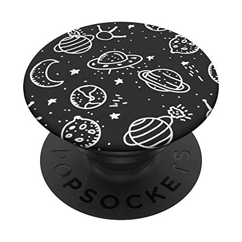 Black Base Space Doodle Pattern Planets UFO Ship Moon Stars PopSockets PopGrip Swappable Grip for Phones   Tablets