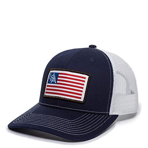 American Flag USA Scout Patch Mesh Back Trucker Hat - Adjustable Snapback Baseball Cap for Men   Women NavyWhite