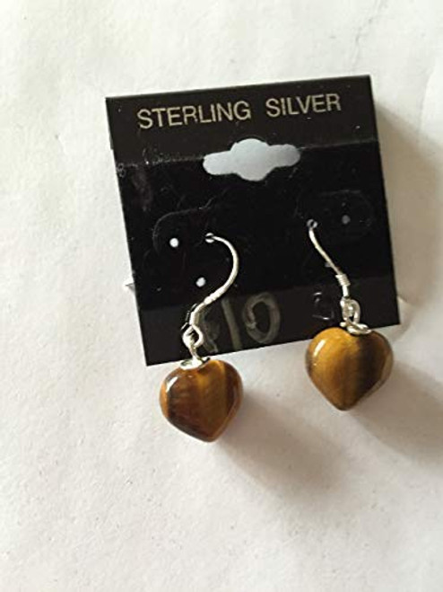 Natural Tiger Eye Gemstone Heart Sterling Silver Dangle Earrings Natural Tiger Eye Gemstone Heart Sterling Silver Dangle Earrings