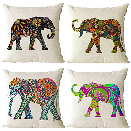 YeeJu Set of 4 Elephant Decorative Throw Pillow Covers Square Cotton Linen Cushion Covers Outdoor Couch Sofa Home Pillow Cases 18x18 Inch YeeJu Set of 4 Elephant Decorative Throw Pillow Covers Square Cotton Linen Cushion Covers Outdoor Couch Sofa Home Pillow Cases 18x18 Inch