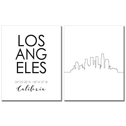 N T Los Angeles City Skyline Wall Decor Prints - Set of 2 8x10 LA California Art Photos - Typography Minimalist Poster