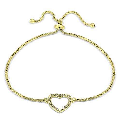 Hoops   Loops Flash Gold Tone Over Sterling Silver Cubic Zirconia Open Heart Pullstring Adjustable Bracelet