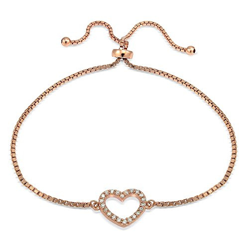 Hoops   Loops Rose Gold Flash Sterling Silver CZ Cubic Zirconia Open Heart Adjustable PullString Bracelet