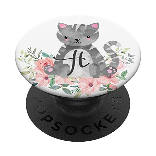 Gray Cat Cute Kitty Pink Flowers Monogram Initial Letter H PopSockets Grip and Stand for Phones and Tablets