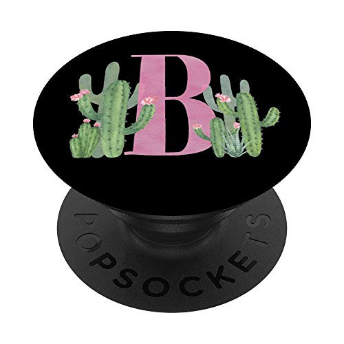 Cactus Cacti Pink Black Watercolor Monogram Initial Letter B PopSockets Grip and Stand for Phones and Tablets