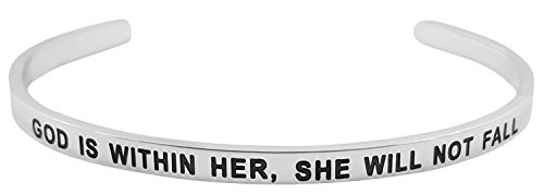 GOD IS WITHIN HER SHE WILL NOT FALL PSALM 465 - Inspirational Cuff Bracelet Bible Verse Positive Message Mantra Religious Christian Jewelry Gifts for Women Teen Girls Her Silver Tone