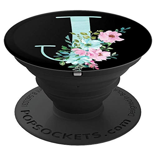 Mint Pink Floral Flowers Black Monogram Initial Letter J PopSockets Grip and Stand for Phones and Tablets