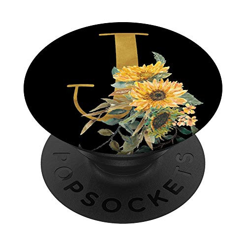 Sunflower Yellow Flowers Black Monogram Initial Letter J PopSockets PopGrip Swappable Grip for Phones   Tablets