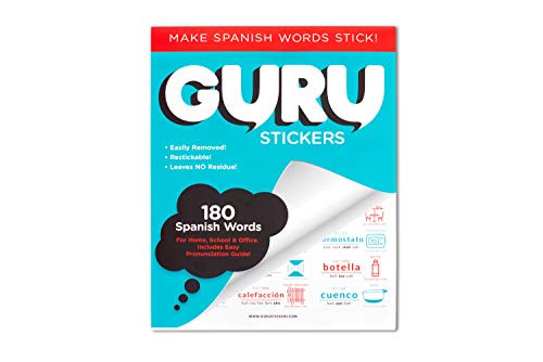 Guru Stickers Spanish Flash Cards  Learn Spanish for Kids and Adults  180 Spanish Vocabulary Labels for Everything in The Home School   Office_