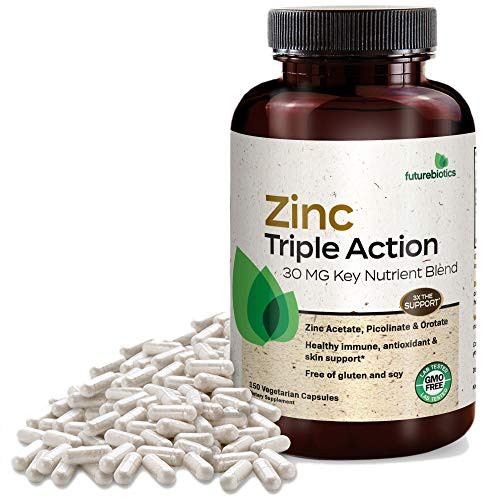 Futurebiotics Zinc Triple Action 30mg Key Nutrient Blend Immune Support Zinc Supplement with Zinc Acetate Picolinate Orotate - Immune Antioxidant Skin Health Support - 150 Vegetarian Capsules Futurebiotics Zinc Triple Action 30mg Key Nutrient Blend Immune Support Zinc Supplement with Zinc Acetate Picolinate Orotate - Immune Antioxidant Skin Health Support - 150 Vegetarian Capsules