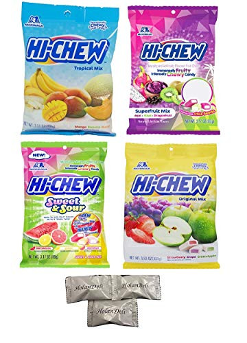 pack of 4 Hi-Chew Assorted Bag_ Hi Chew Tropical Mix Superfruit Sweet and Sour Original Mix_ Includes HolanDeli Mints_