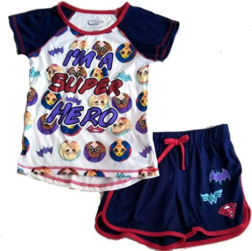 Super Hero Girls Girls Im A Super Hero DC top and Blue Varsity Shorts with Girl Super Hero Logo Pajama Set 14-16