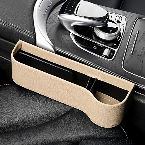FAROOT Car Seat Storage Box PU Leather Seat Console Organizer Pocket Between Seat Car Seat Gap Filler Catch Caddy Side Organizer with Cup Holder for Automotive Beige Passenger
