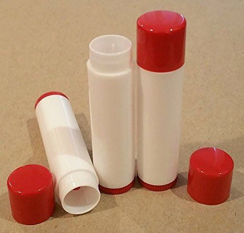 25 New Empty WHITE Lip Balm Tubes WITH RED CAPS   BOTTOMS 0_15oz Chapstick containers