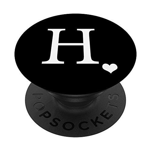 White Initial Letter H heart Monogram on Black PopSockets PopGrip Swappable Grip for Phones   Tablets