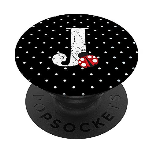 Ladybug Monogram Letter J On White And Black Polka Dots PopSockets PopGrip Swappable Grip for Phones   Tablets