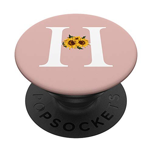 Rose Pink Monogram Letter H Sunflower Floral Flower Black PopSockets Grip and Stand for Phones and Tablets