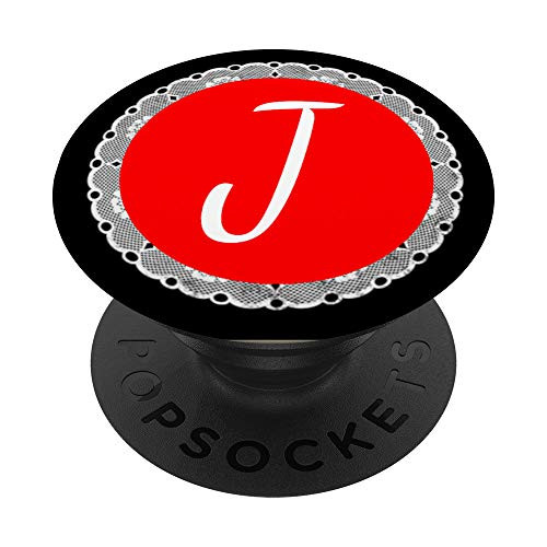 Red Pop Letter Monogram J Phone Stand White Initial Lace PopSockets Grip and Stand for Phones and Tablets