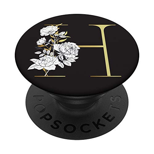 Initial H Monogram Chic Black Background Floral Letter H PopSockets Grip and Stand for Phones and Tablets