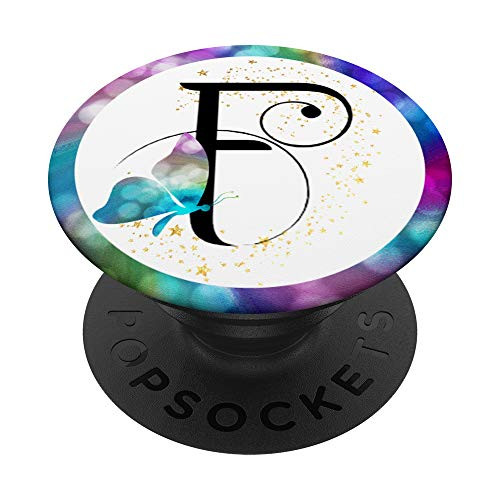 Letter F Initial Rainbow Butterfly Monogram PopSockets Grip and Stand for Phones and Tablets
