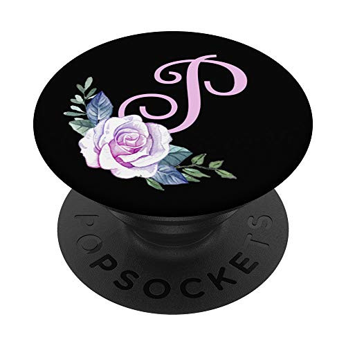 P Initial Rose Monogram Letter Pink Floral Roses Black PopSockets Grip and Stand for Phones and Tablets