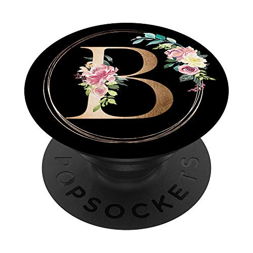 Initial Letter B Monogram Floral Black PopSockets Grip and Stand for Phones and Tablets