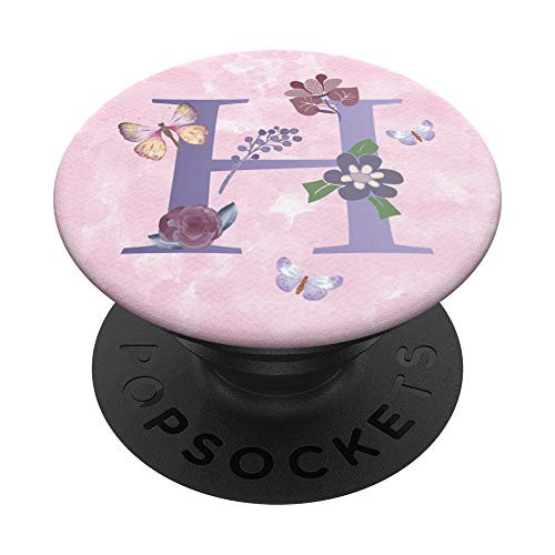 Initial Monogram Letter H Flowers Butterflies Cute Alphabet PopSockets Grip and Stand for Phones and Tablets