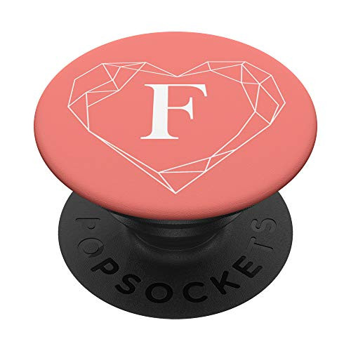 Coral Pink White Monogram Letter F Initial Heart Design PopSockets Grip and Stand for Phones and Tablets