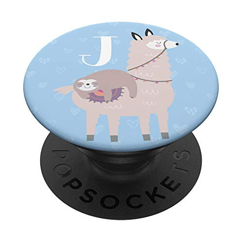 Cute Llama Sloth Gifts Lover Flowers Blue Girls Letter J PopSockets Grip and Stand for Phones and Tablets