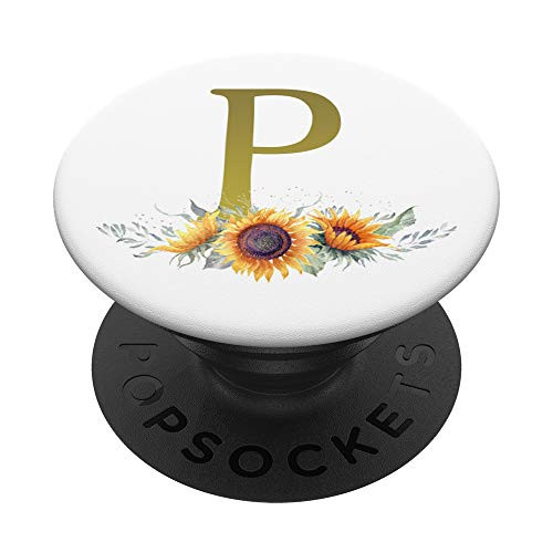 Sunflower Gold Letter P Initial Monogram Floral White PopSockets PopGrip Swappable Grip for Phones   Tablets