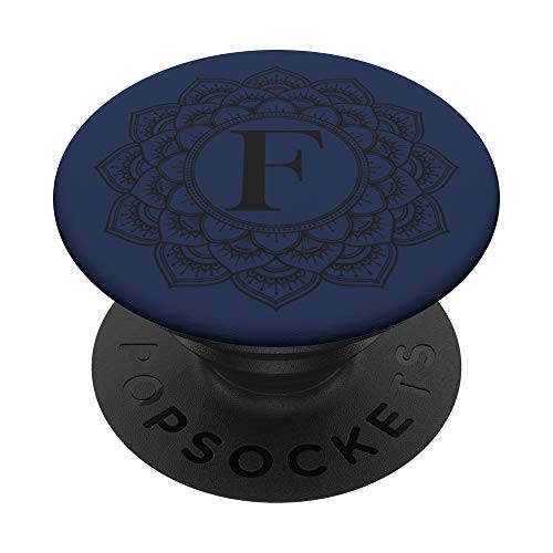 Navy Blue Mandala Flower Black Monogram Letter F Initial PopSockets Grip and Stand for Phones and Tablets
