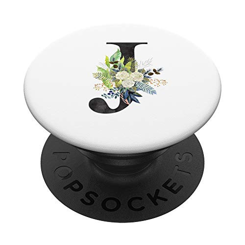 Initial J Letter Floral Monogram Black on White - J PopSockets Grip and Stand for Phones and Tablets
