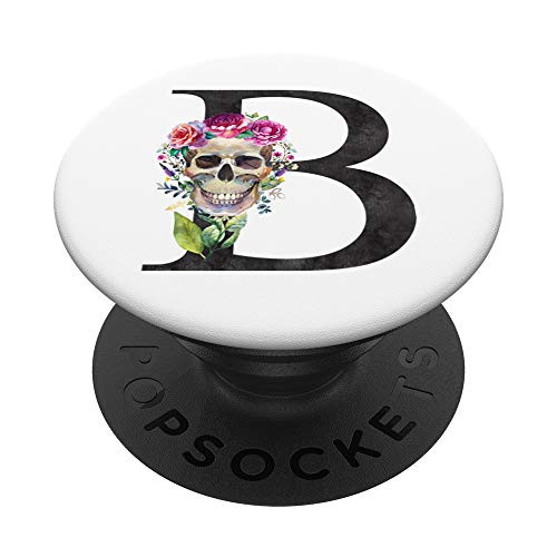 Initial B Letter Skull Rose Flowers Watercolor Monogram - B PopSockets PopGrip Swappable Grip for Phones   Tablets