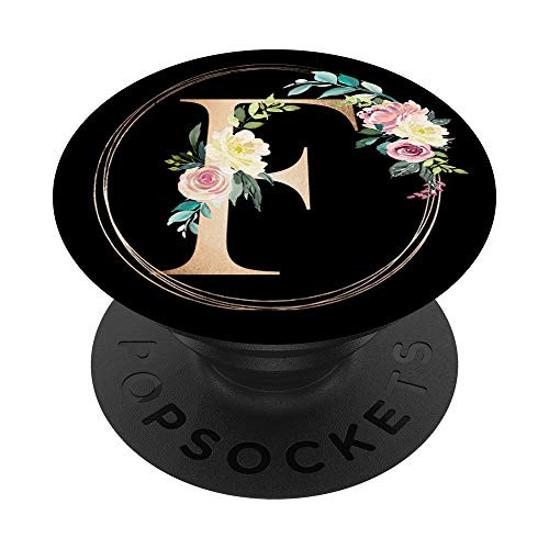 Initial Letter F Monogram Floral Black PopSockets Grip and Stand for Phones and Tablets