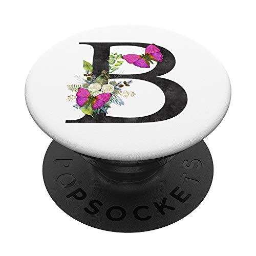 Initial B Letter Rose Flowers Watercolor Monogram Butterfly PopSockets Grip and Stand for Phones and Tablets