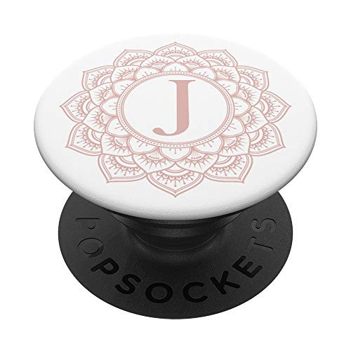 Blush Pink Mandala Flower Black Monogram Letter J Initial PopSockets Grip and Stand for Phones and Tablets