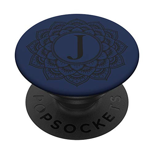Navy Blue Mandala Flower Black Monogram Letter J Initial PopSockets Grip and Stand for Phones and Tablets