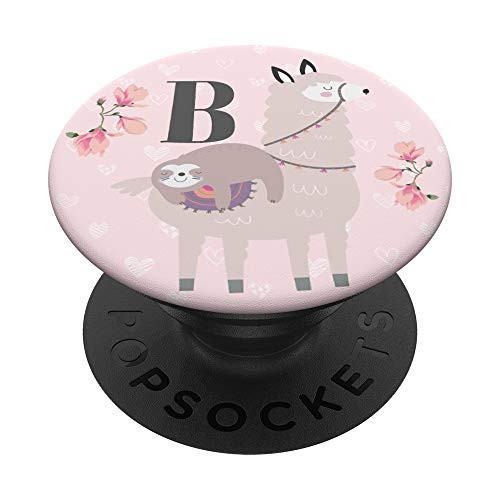 Cute Llama Sloth Gifts Lover Flowers Pink Girls Letter B PopSockets Grip and Stand for Phones and Tablets