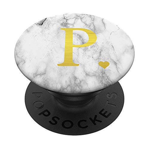 Heart Gold Letter P Initial Monogram White Gray Cute PopSockets Grip and Stand for Phones and Tablets