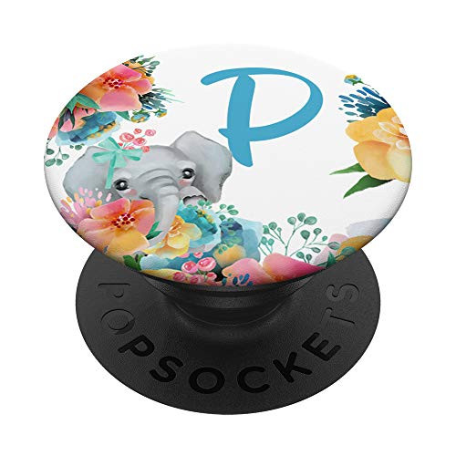 Pretty Elephant Baby With Flowers Monogram Initial Letter P PopSockets Grip and Stand for Phones and Tablets