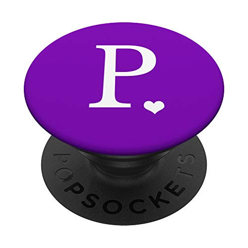 White Initial Letter P Heart Monogram On Purple PopSockets Grip and Stand for Phones and Tablets