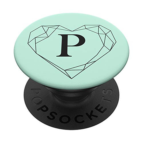 Black Mint Green Monogram Letter P Initial Heart Design PopSockets Grip and Stand for Phones and Tablets