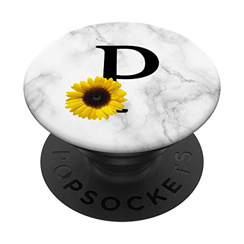 Yellow Sunflower Black Letter P Initial Monogram Floral PopSockets Grip and Stand for Phones and Tablets