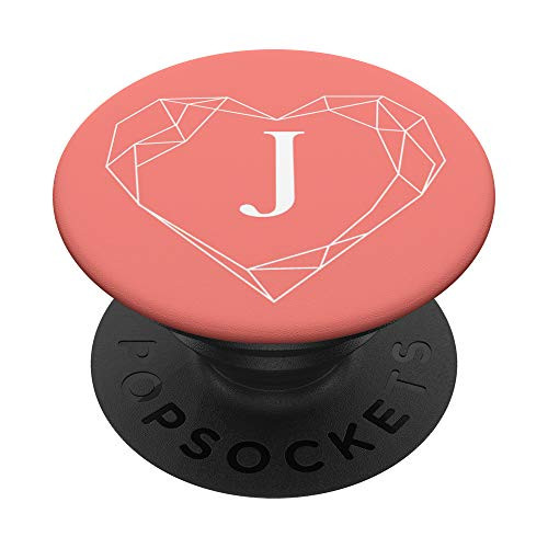Coral Pink White Monogram Letter J Initial Heart Design PopSockets Grip and Stand for Phones and Tablets