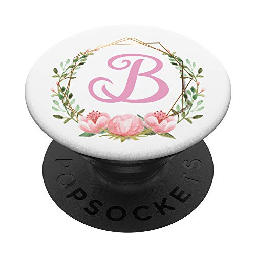 Pink Floral Wreath Monogram Initial Letter B Phone Grip PopSockets Grip and Stand for Phones and Tablets