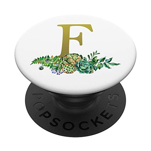 Cactus Succulent Gold Letter F Initial Monogram Floral PopSockets Grip and Stand for Phones and Tablets