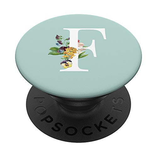 Teal Mint Monogram Letter Initial With Flowers And White F PopSockets Grip and Stand for Phones and Tablets