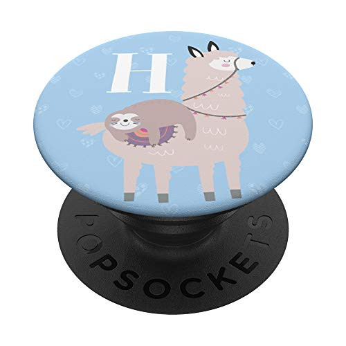 Cute Llama Sloth Gifts Lover Flowers Blue Girls Letter H PopSockets Grip and Stand for Phones and Tablets